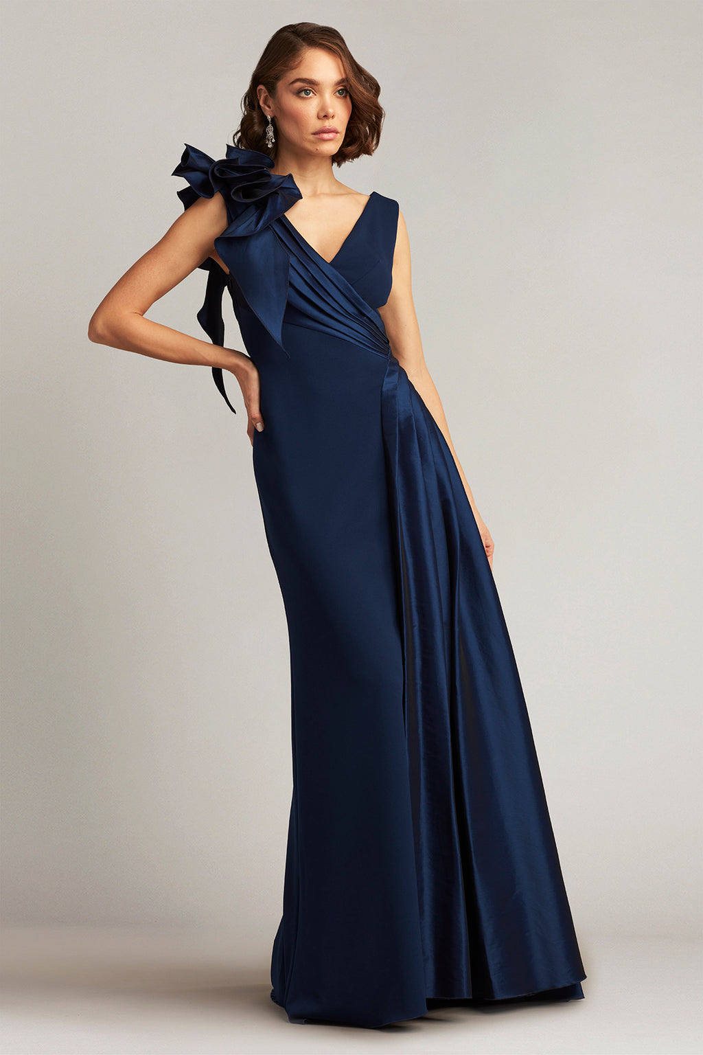 Barlowe Ruffled Shoulder Draped Crepe Gown