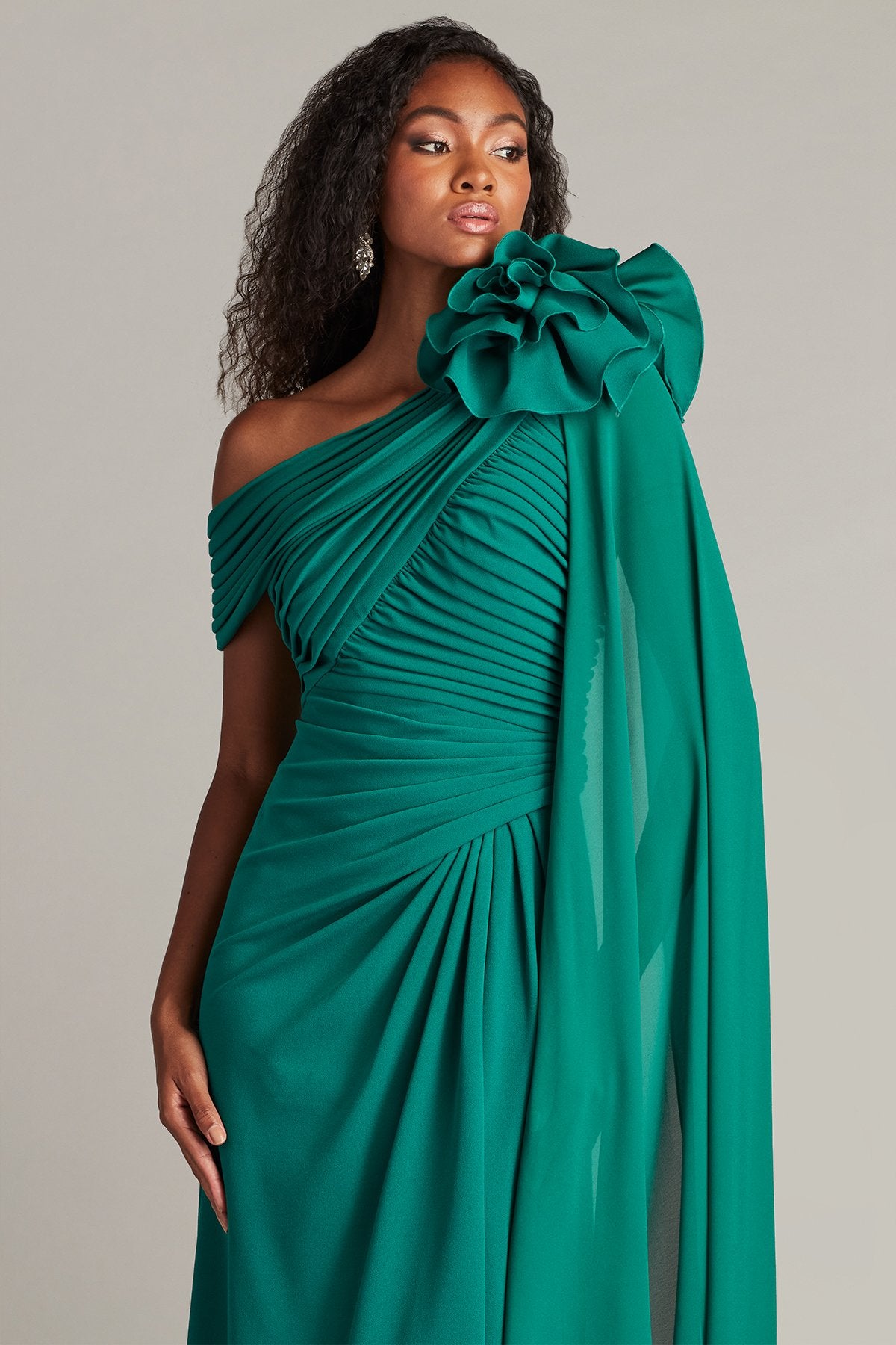 rosette bridesmaid dresses Kamari Draped Rosette Shoulder Gown – Tadashi Shoji Official Online Boutique