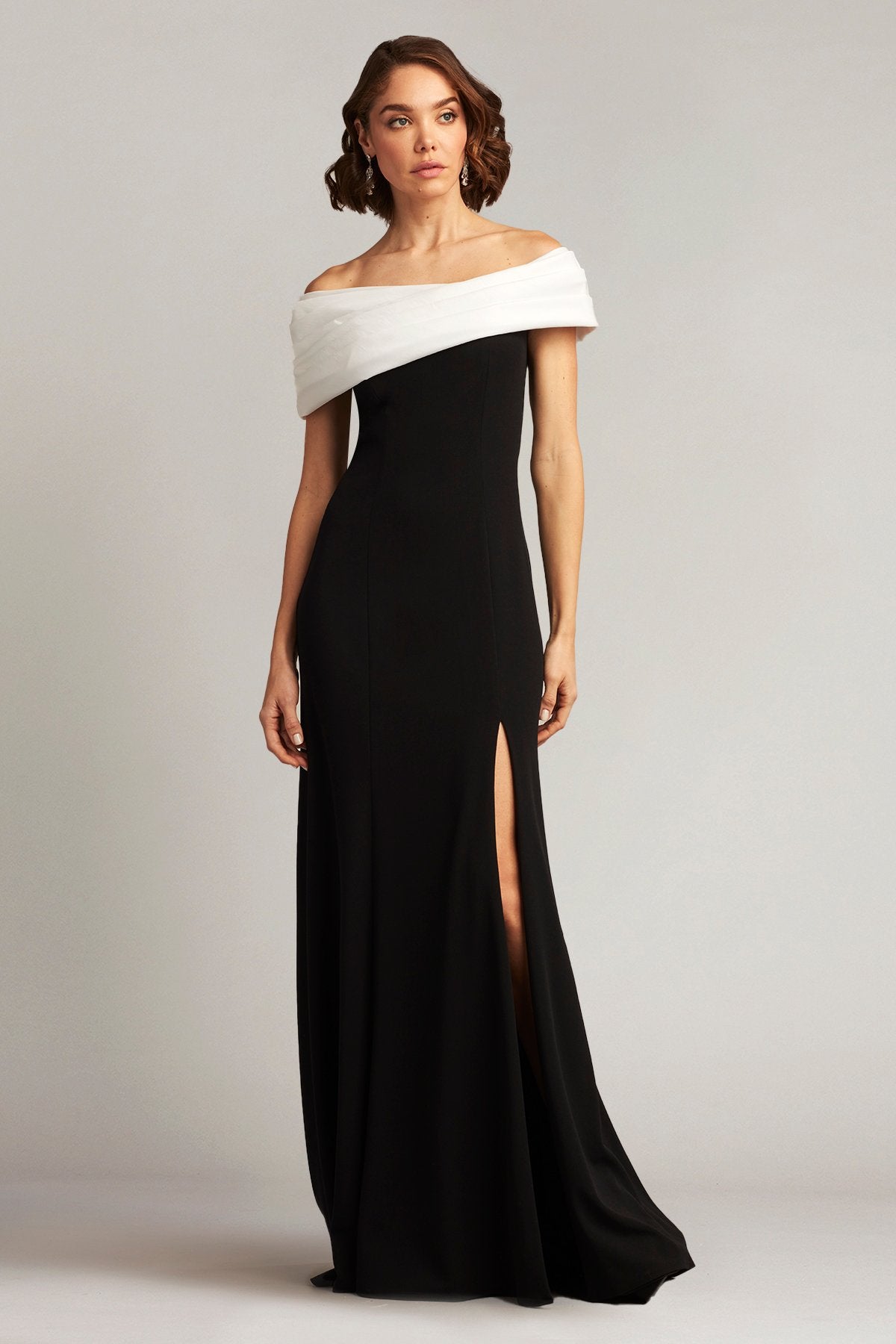 black and white dress off the shoulder Dalton Two-Tone Off-Shoulder Gown – Tadashi Shoji Official Online Boutique Color: Off White This stretchy crepe knit Extraordinary Presence Rust Brown Color:Printed Elastic Knit Red Background ET386