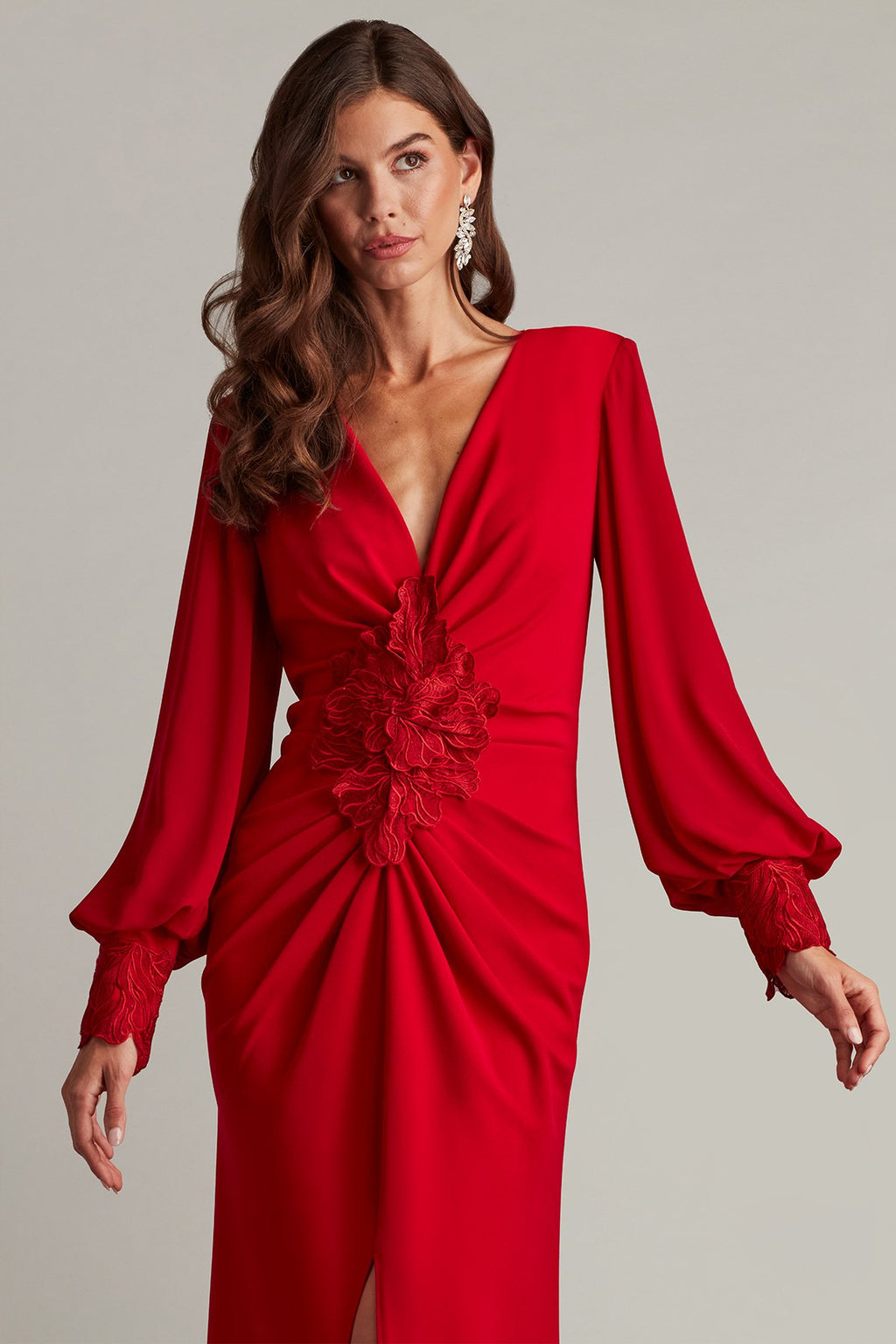 embellished plunge neck bishop sleeve dress Embellished Plunge Neck Bishop Sleeve Dress