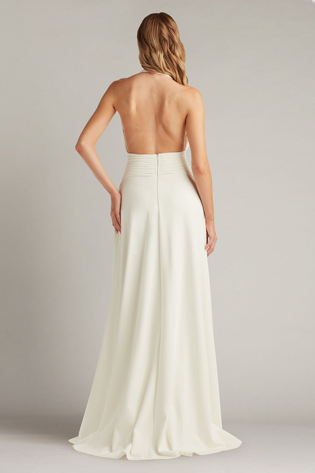 Zarelle Pleated Crepe Halter Gown