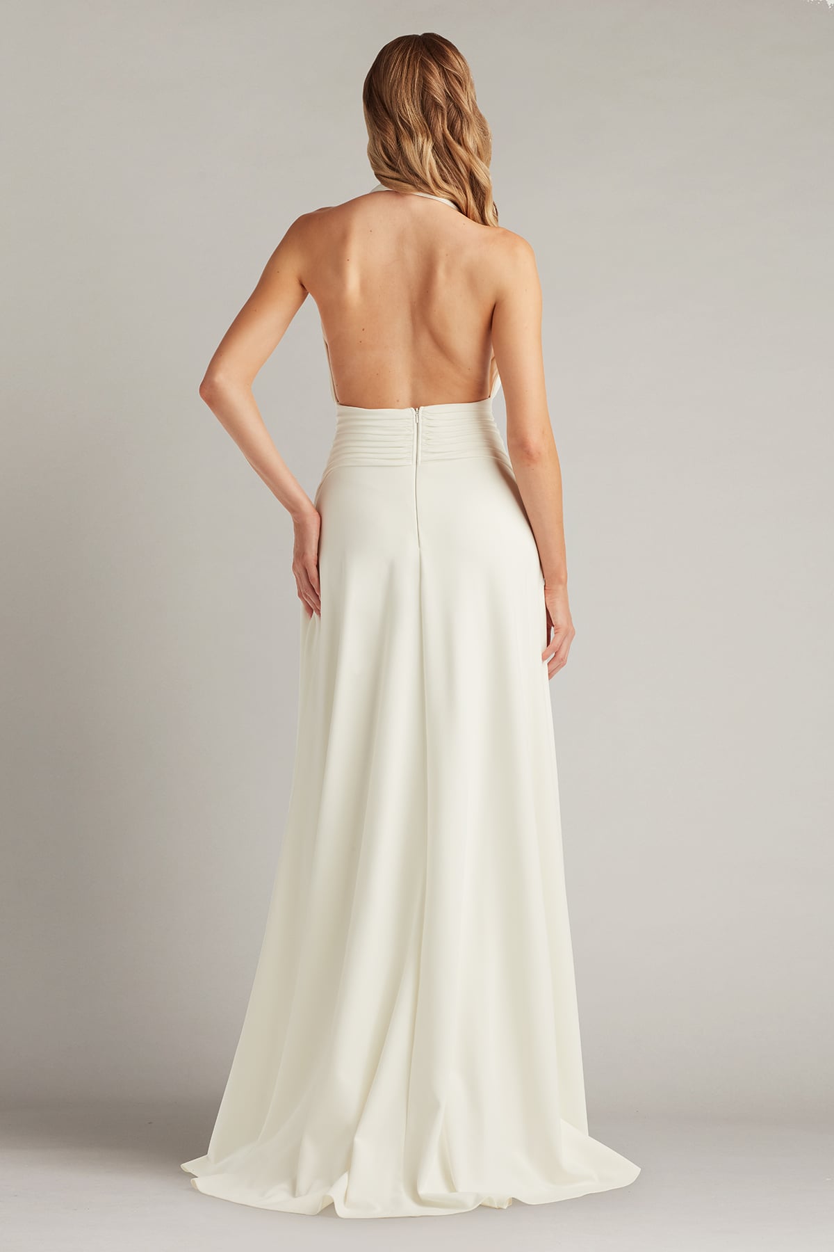 Zarelle Pleated Crepe Halter Gown
