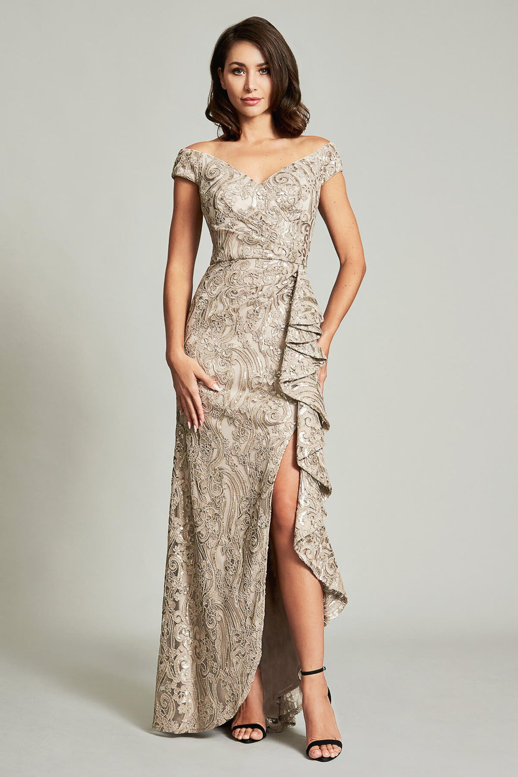 Audre Cascading Metallic Gown