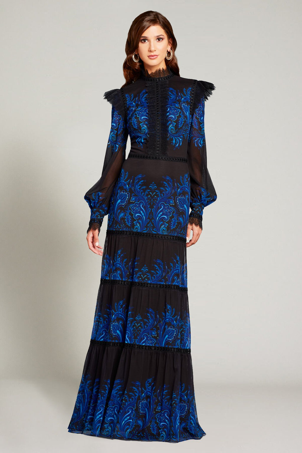 Zehra Paisley-Print Ruffle Gown