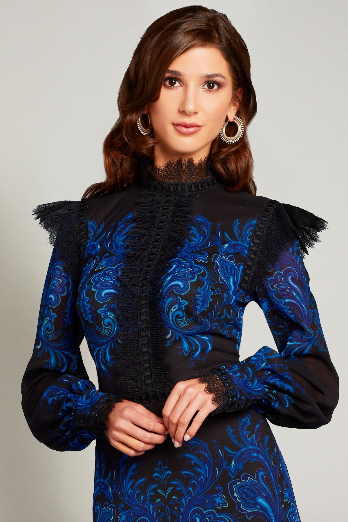 Zehra Paisley-Print Ruffle Gown