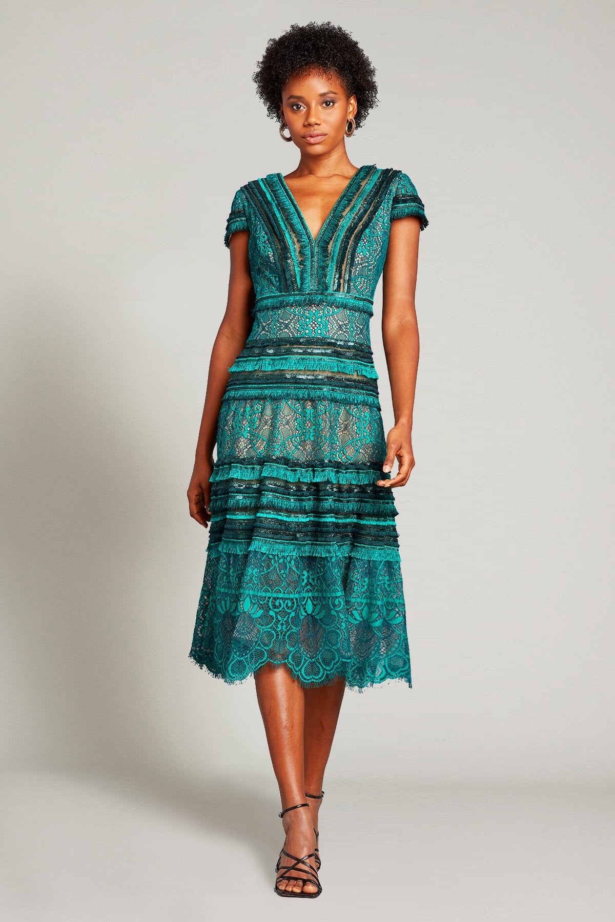 Nisa Lace & Fringe Midi Dress