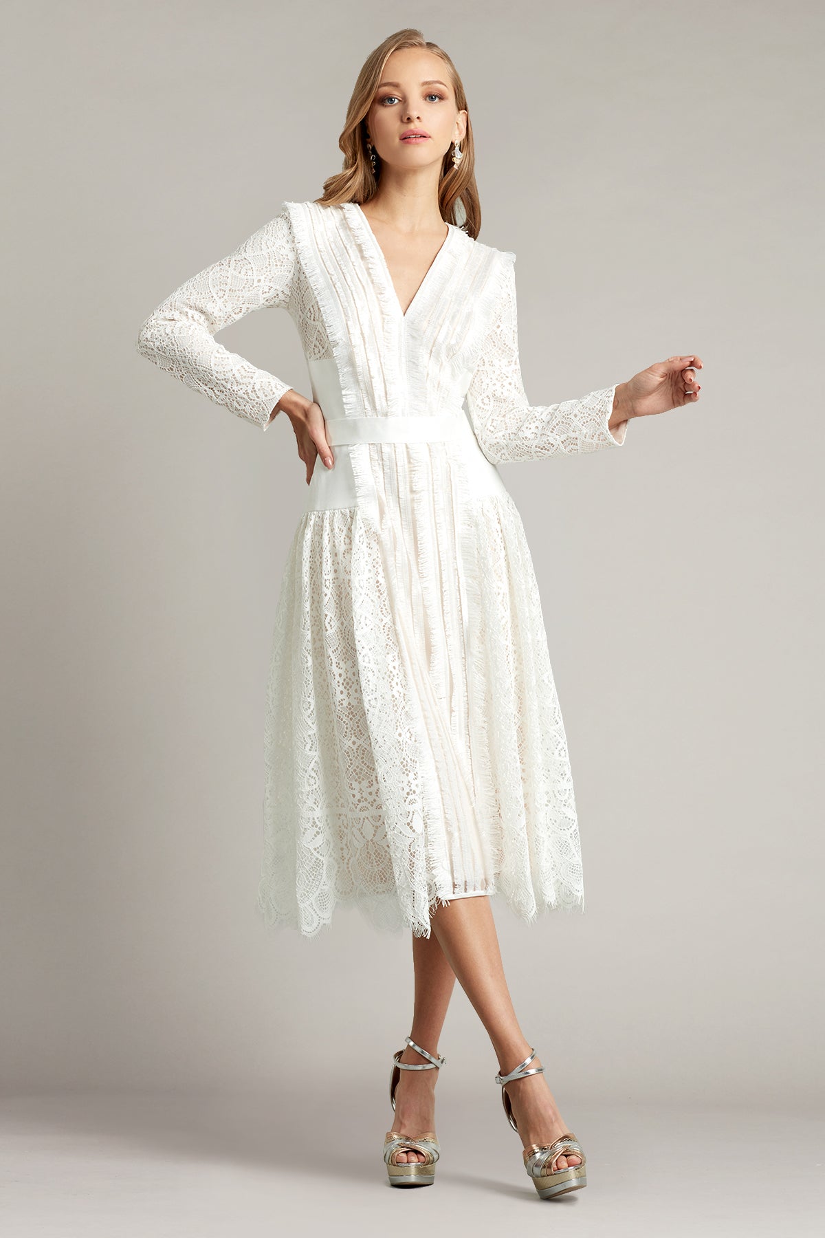 Feray Lace & Fringe Midi Dress