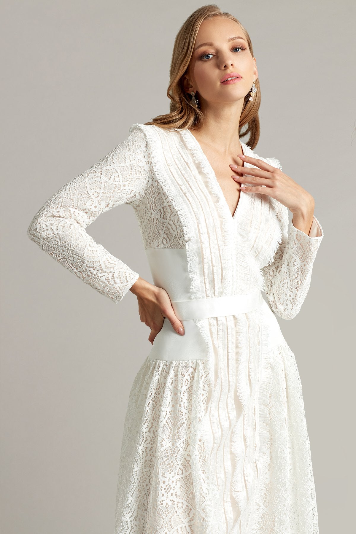 Feray Lace & Fringe Midi Dress