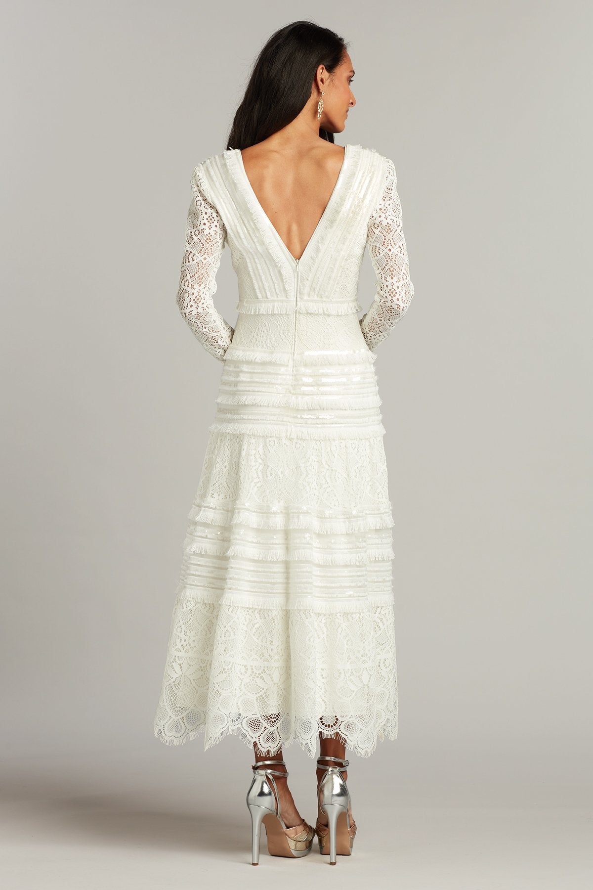 Clio Lace & Fringe Long Sleeve Midi Dress