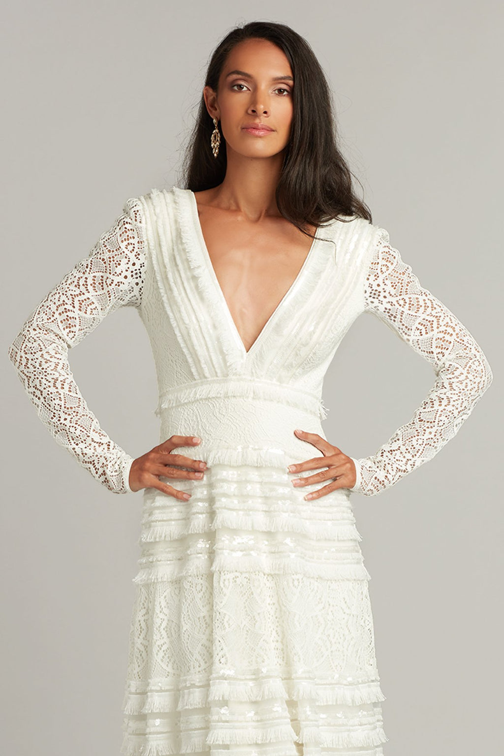 Clio Lace & Fringe Long Sleeve Midi Dress