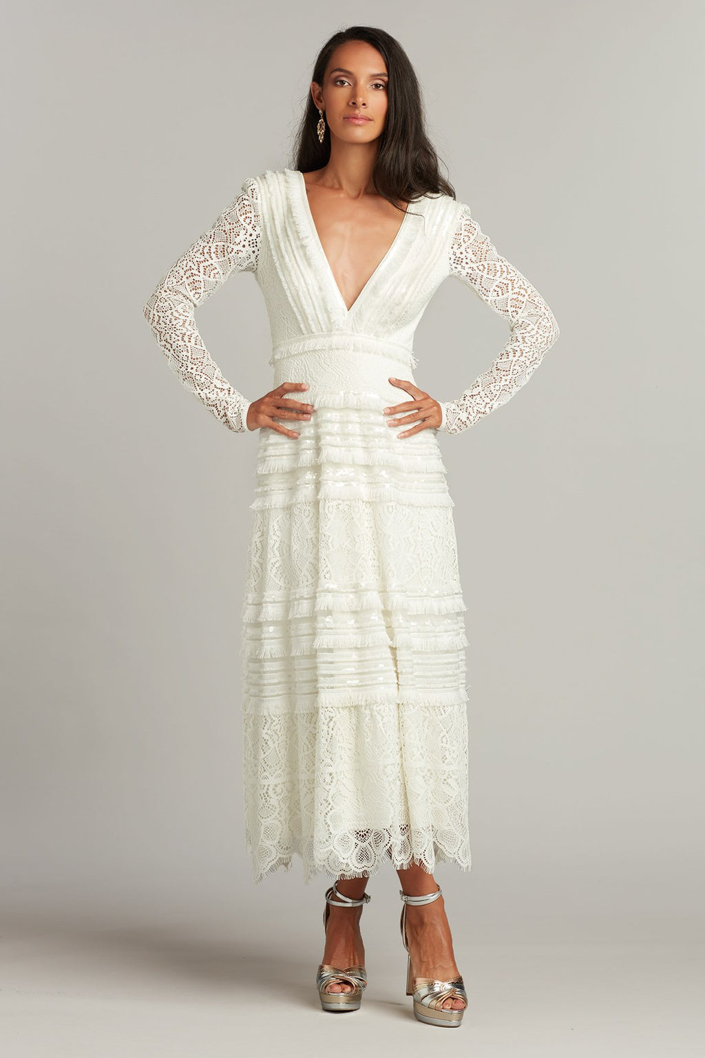 Clio Lace & Fringe Long Sleeve Midi Dress