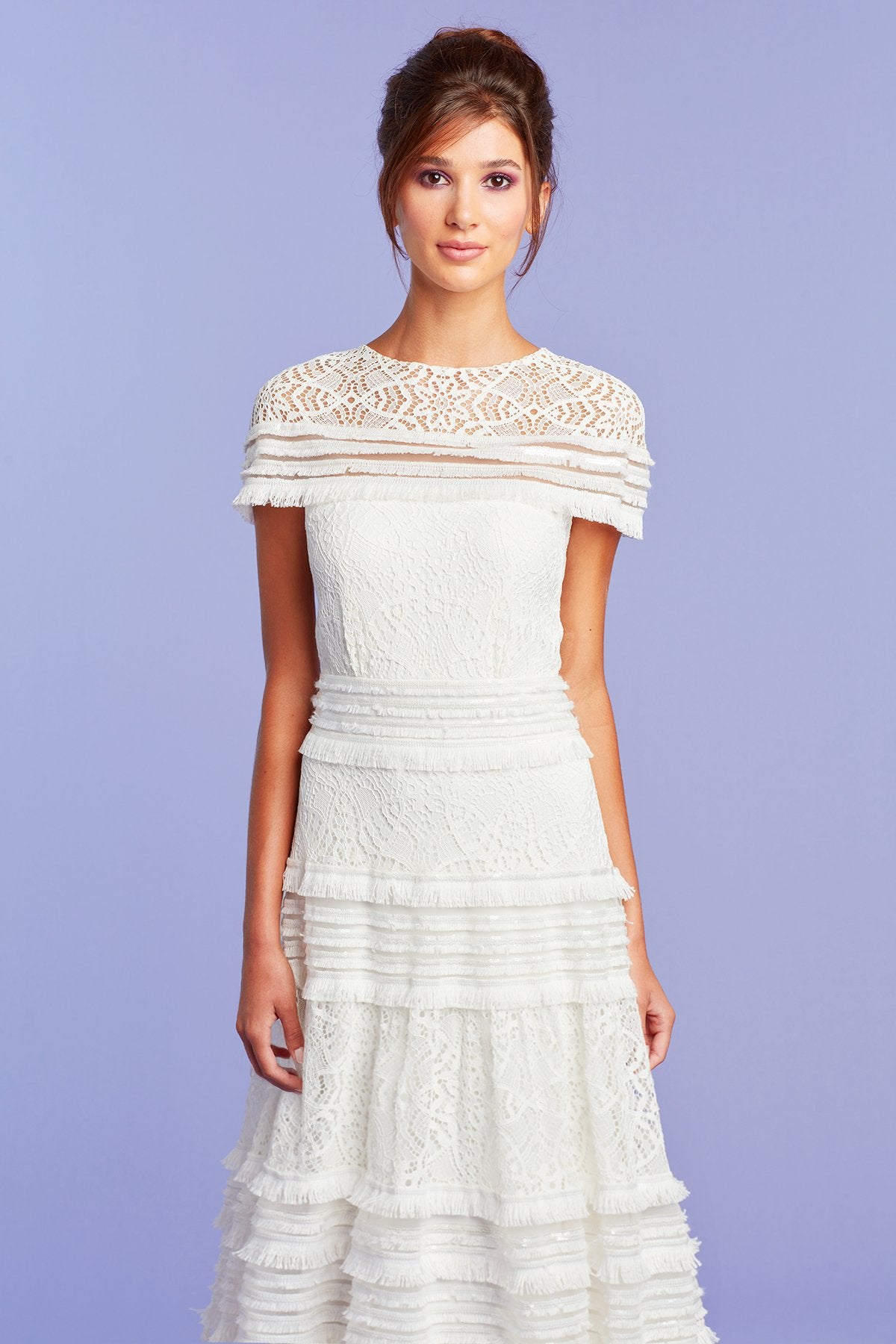 Arya Lace & Fringe Cap Sleeve Midi Dress
