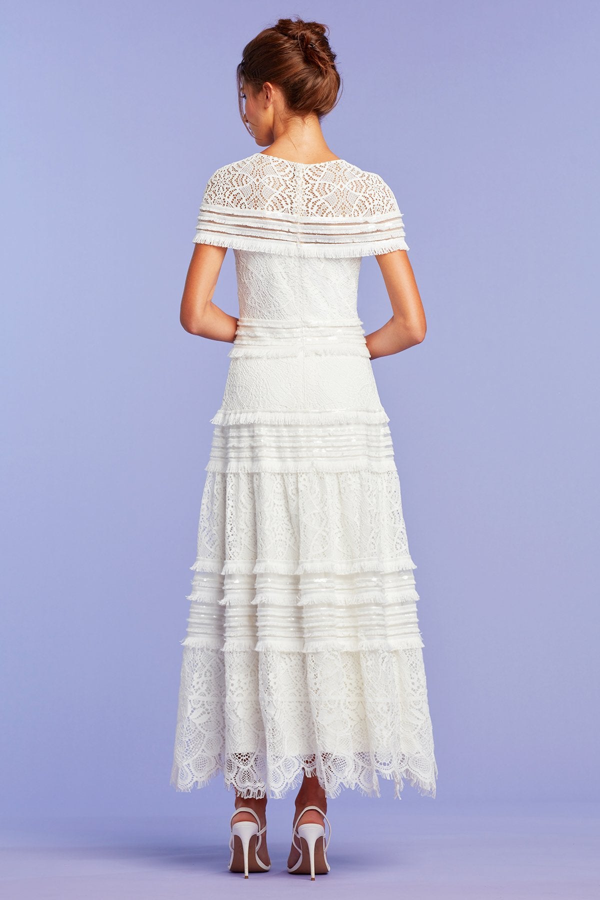 Arya Lace & Fringe Cap Sleeve Midi Dress