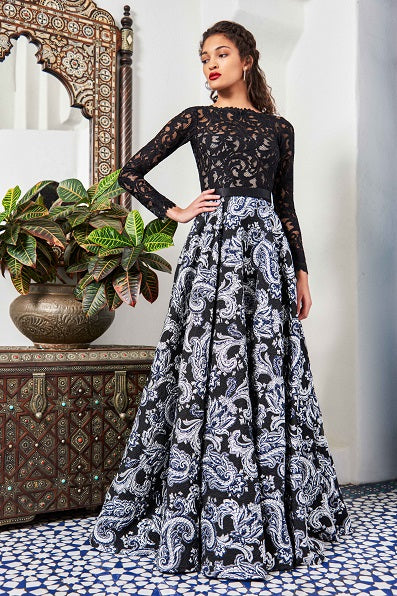 Darin Lace & Paisley-Motif Jacquard Gown