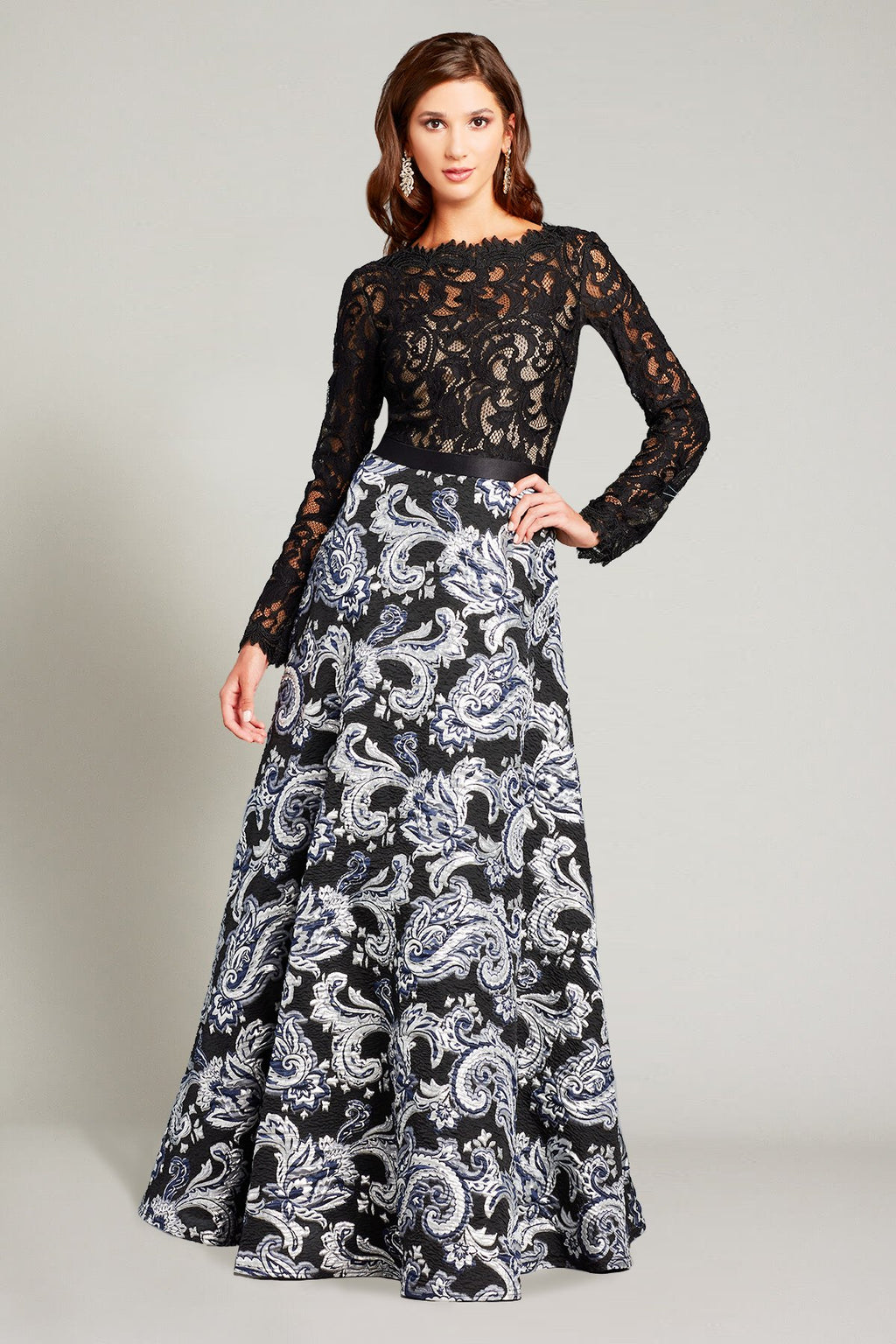 Darin Lace & Paisley-Motif Jacquard Gown