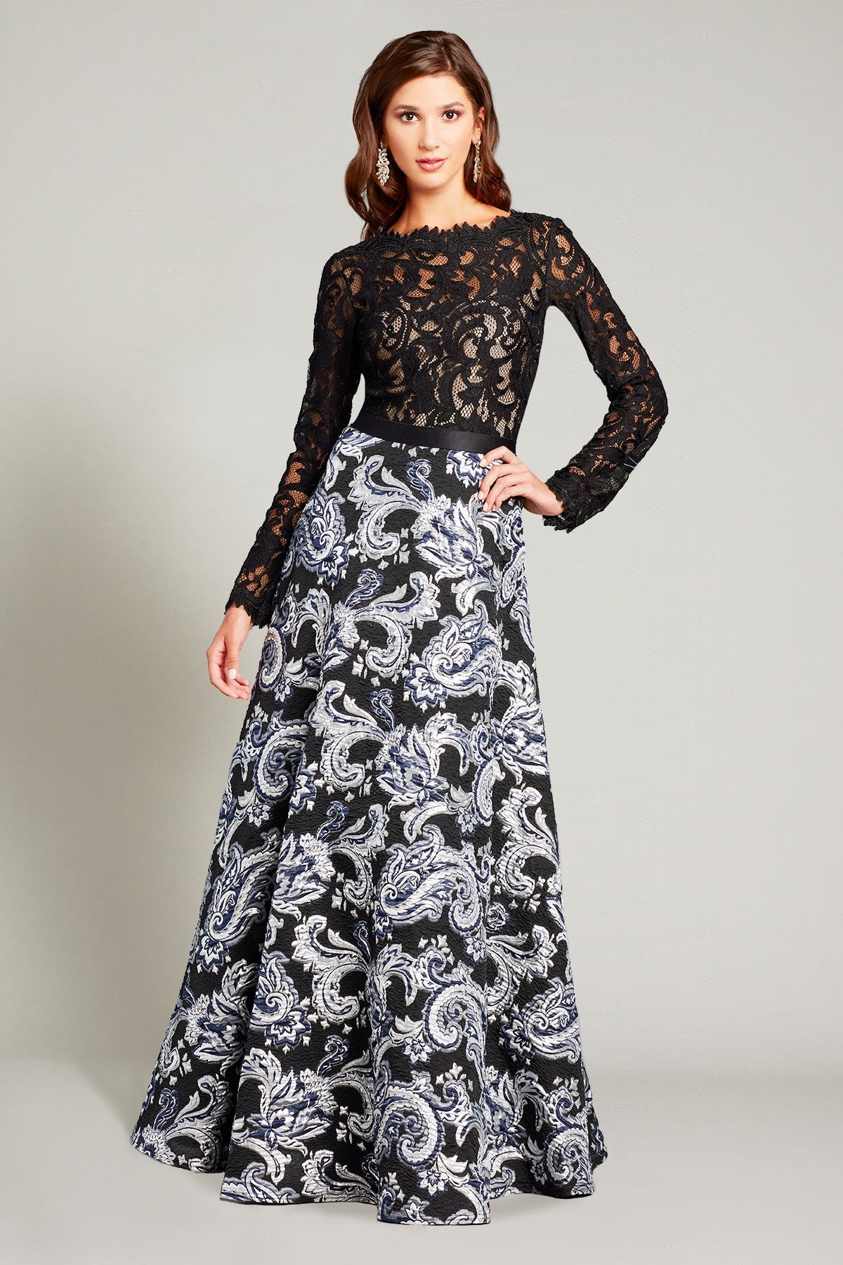Darin Lace & Paisley-Motif Jacquard Gown