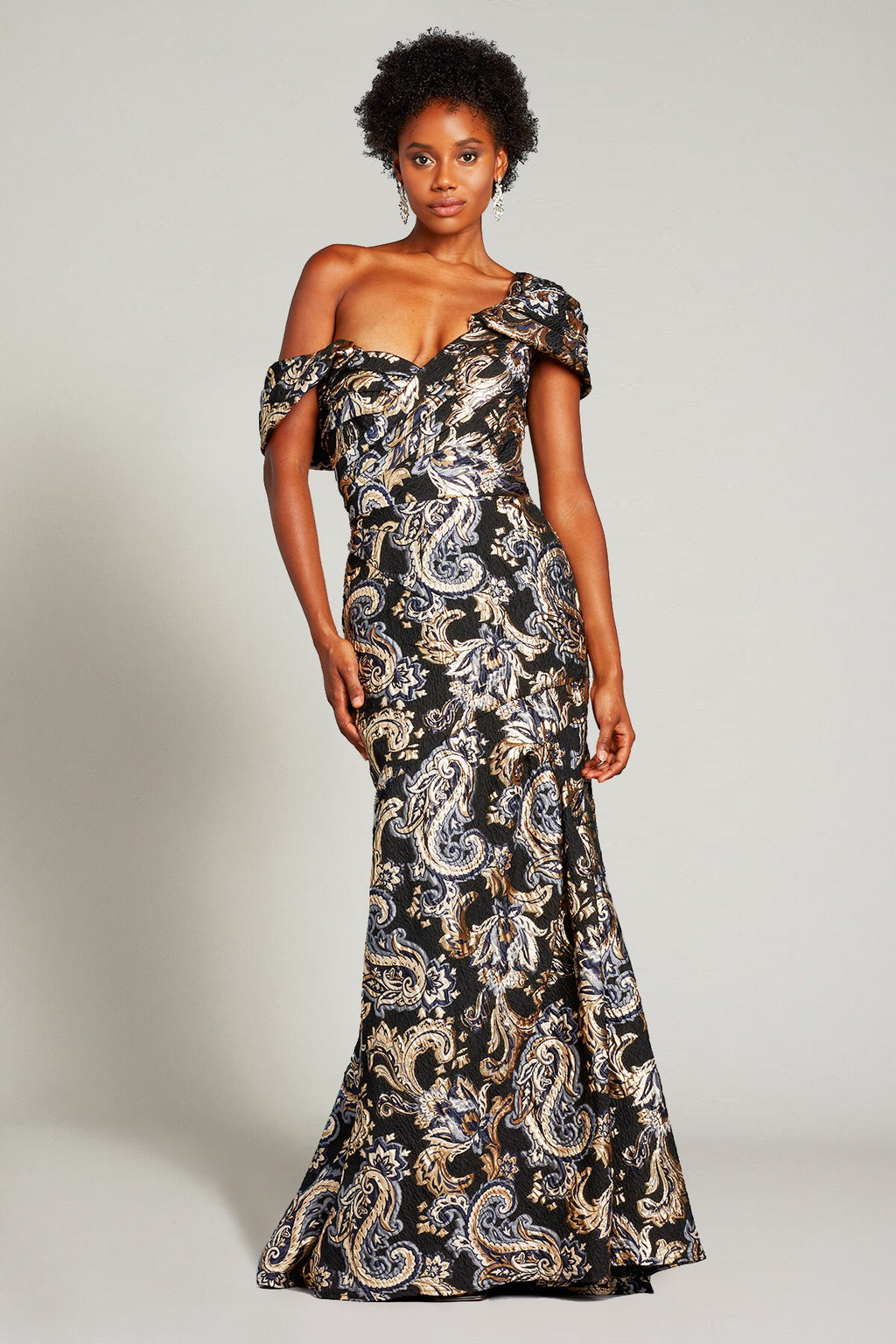 Melisa Asymmetric Paisley-Motif Jacquard Gown