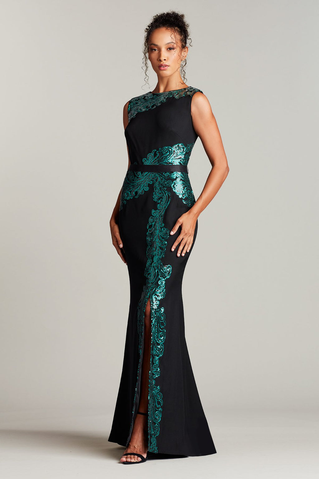 Elanur Sequin & Crepe Belted Pencil Gown