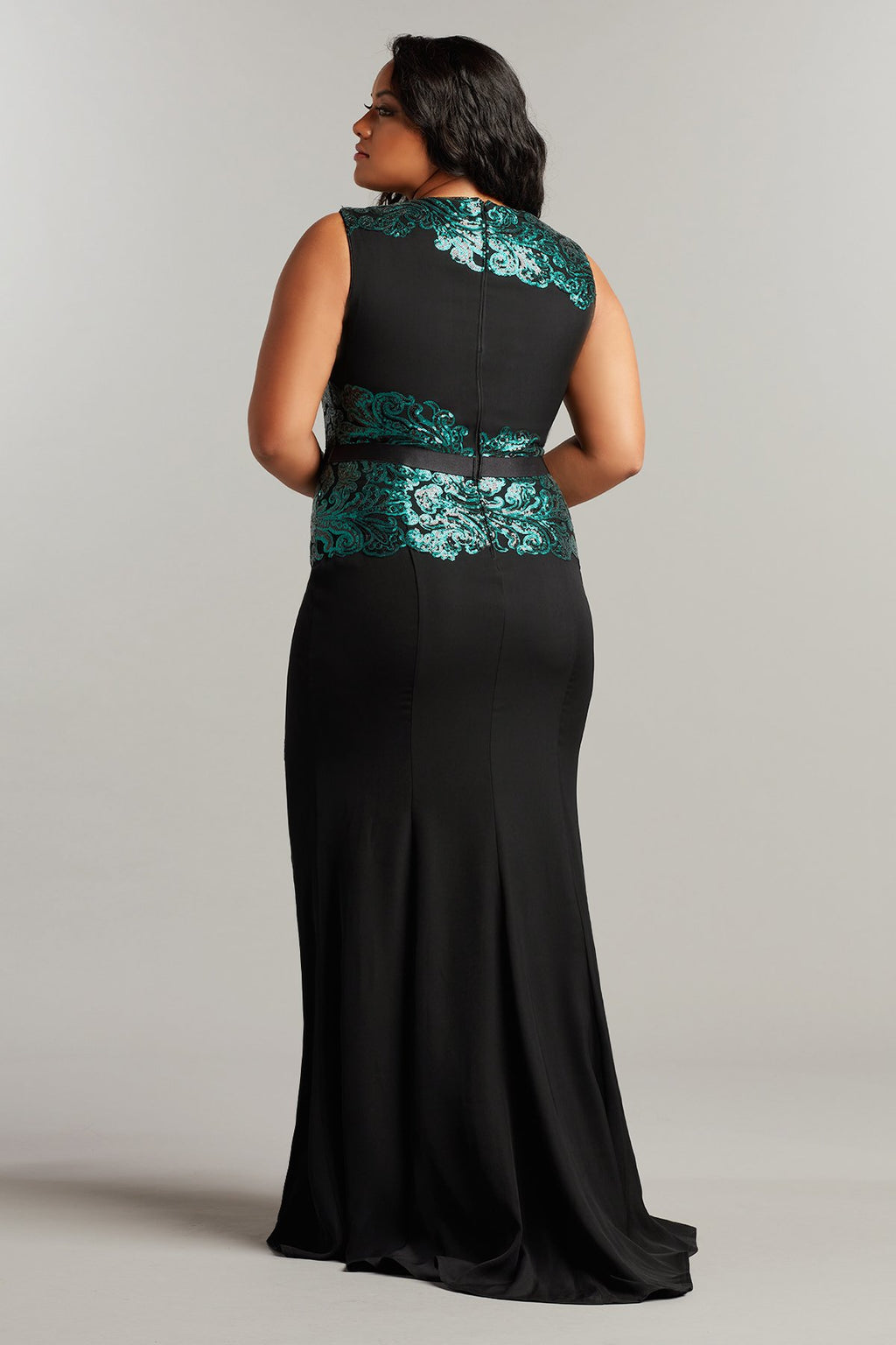 Elanur Sequin & Crepe Belted Pencil Gown-PLUS SIZE