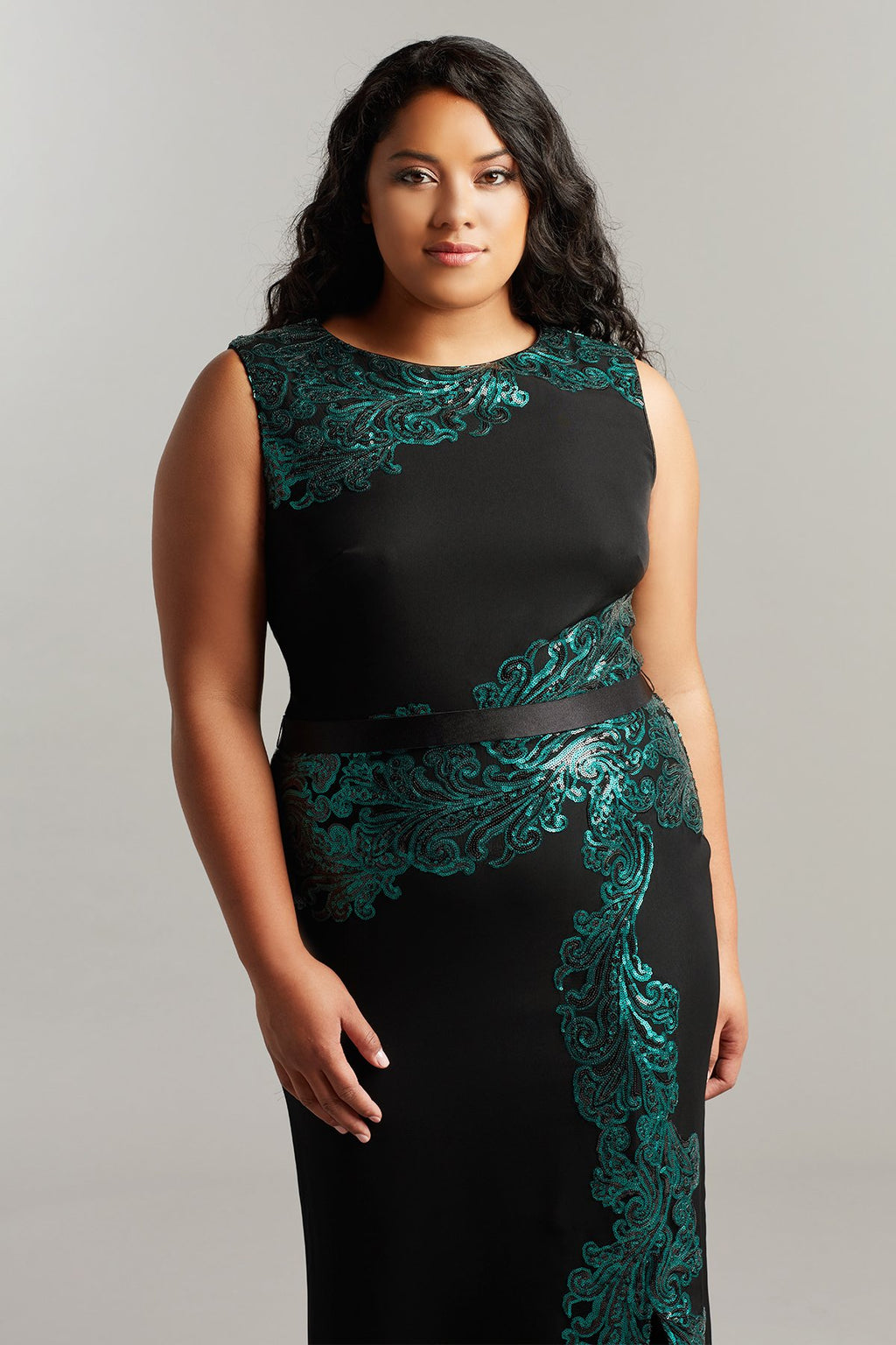 Elanur Sequin & Crepe Belted Pencil Gown-PLUS SIZE