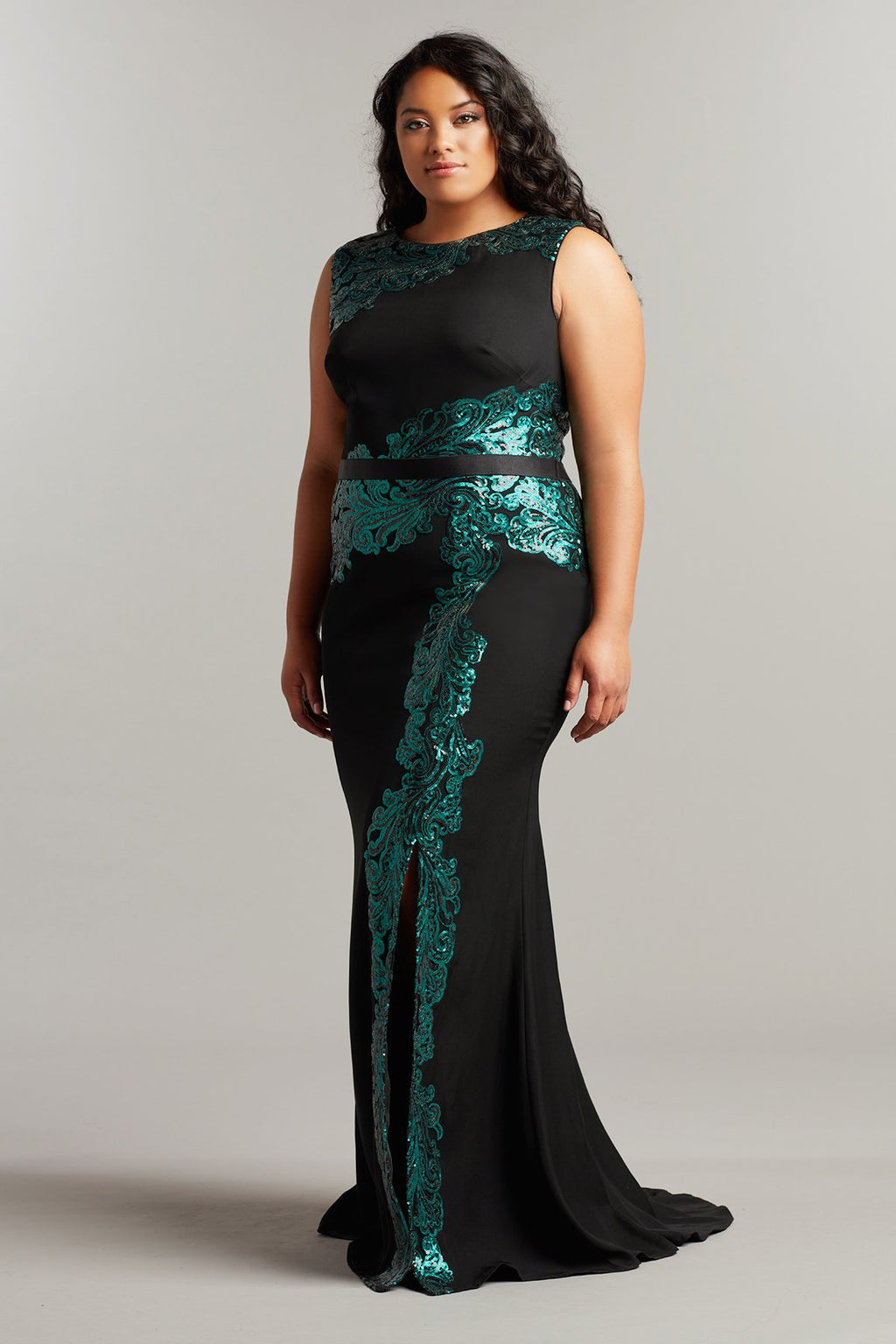 Elanur Sequin & Crepe Belted Pencil Gown-PLUS SIZE