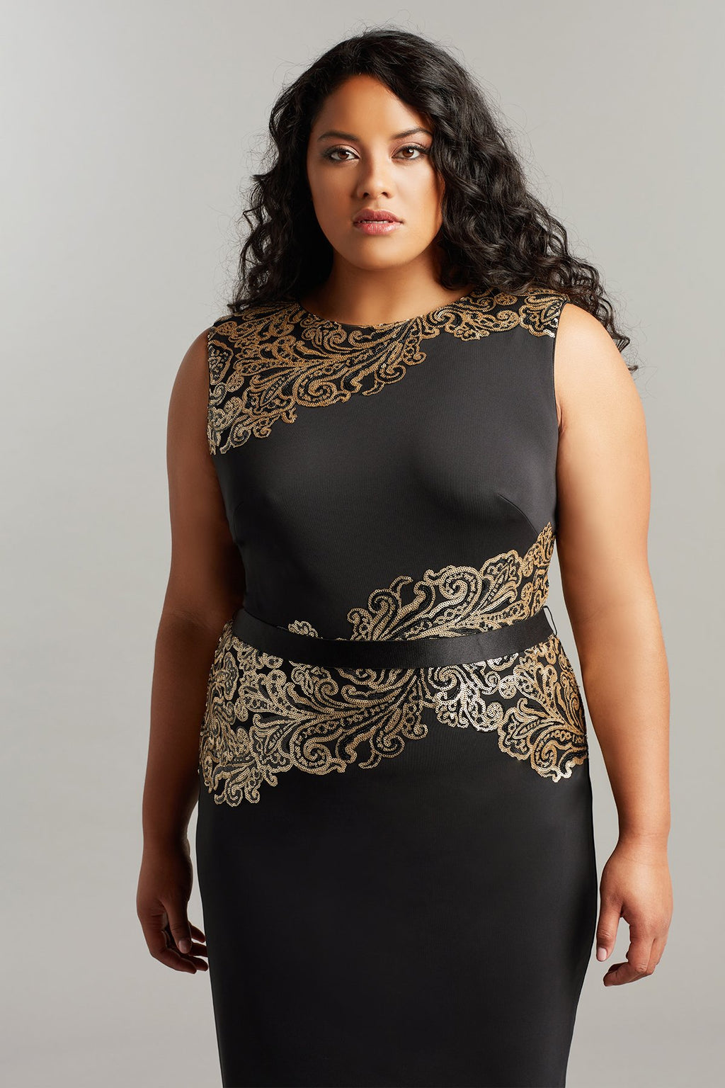 Elanur Sequin & Crepe Belted Pencil Dress-PLUS SIZE