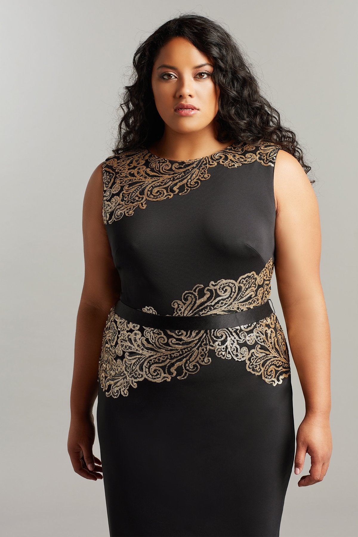 Elanur Sequin & Crepe Belted Pencil Dress-PLUS SIZE
