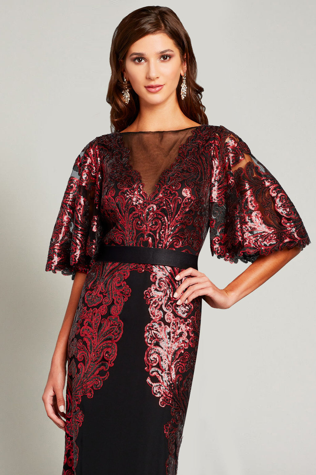 Zumra Sequin-Embroidered V-Neck Illusion Gown