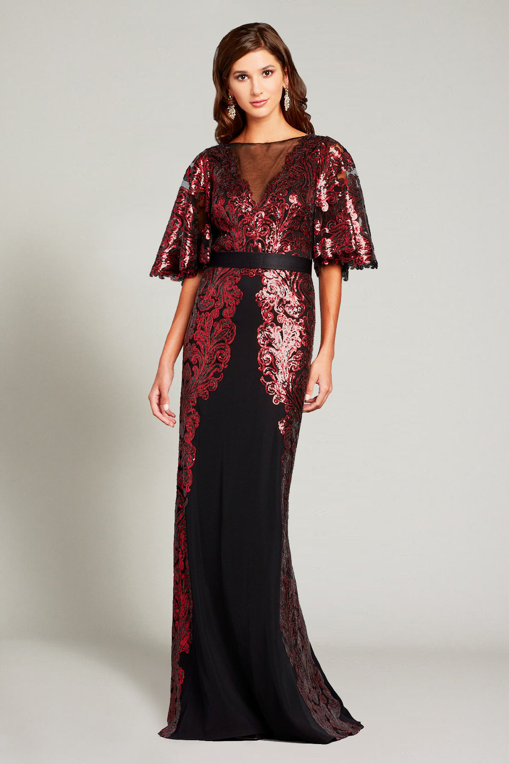 Zumra Sequin-Embroidered V-Neck Illusion Gown