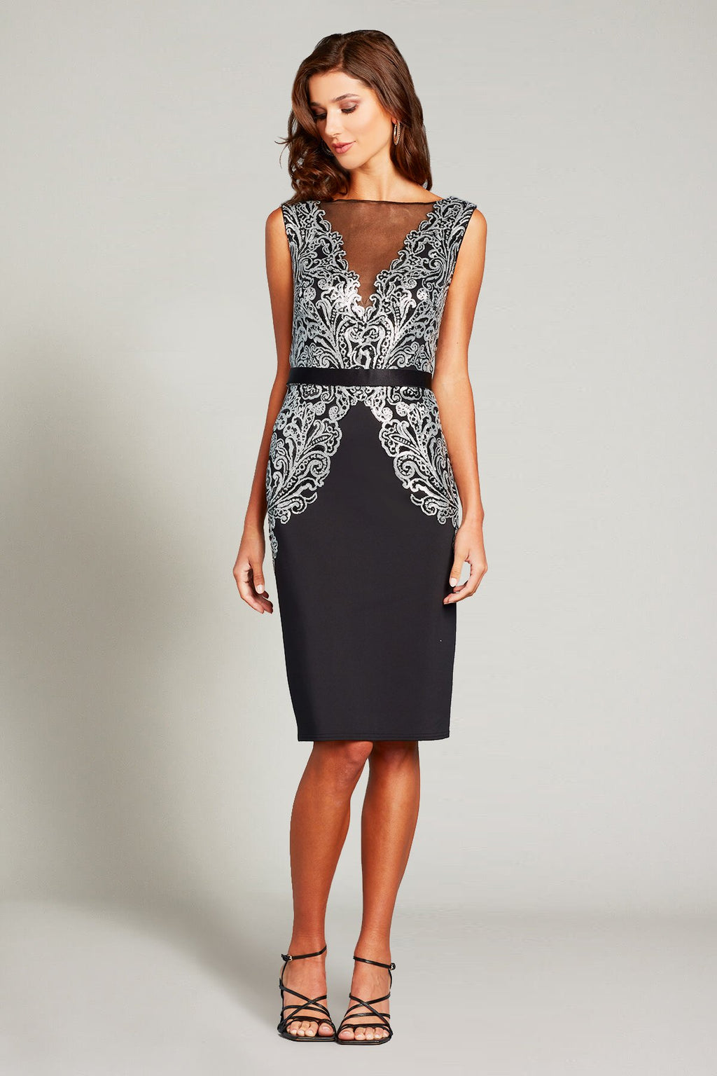 Esila V-Neck Sequin & Crepe Belted Pencil Dress