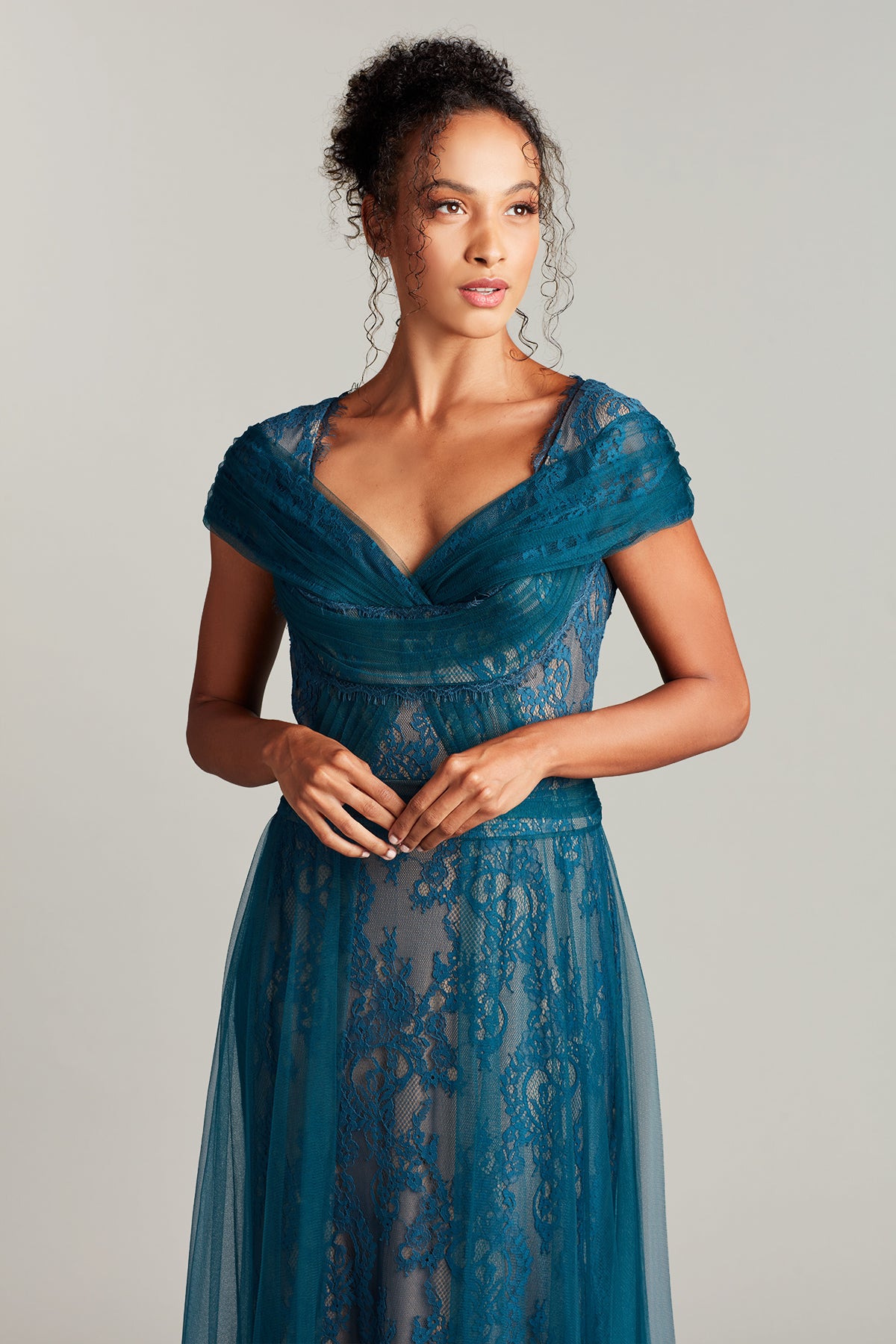 Baris Paisley Lace Cap-Sleeve Gown
