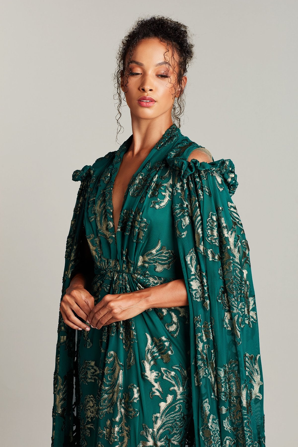 Lalam Gold-Foiled Cape Gown