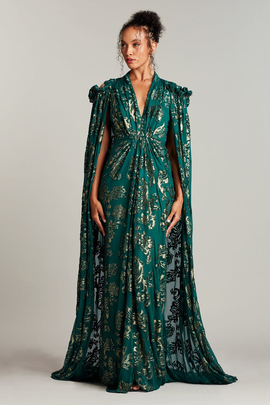 Lalam Gold-Foiled Cape Gown