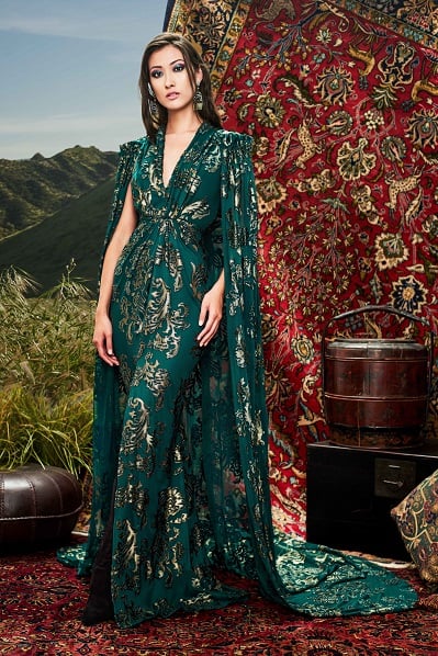 Lalam Gold-Foiled Cape Gown