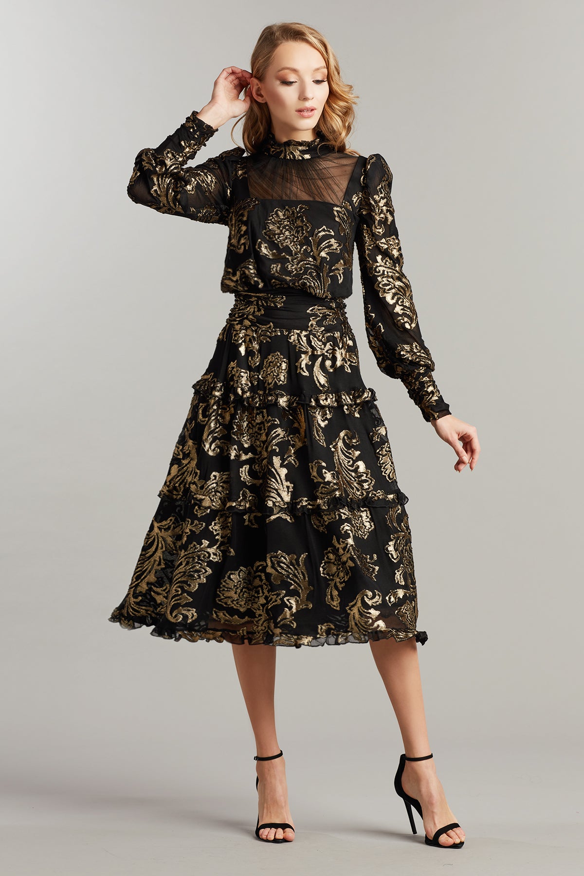 Nouis Gold-Foiled Peasant Dress