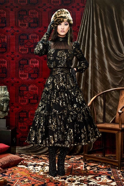 Nouis Gold-Foiled Peasant Dress