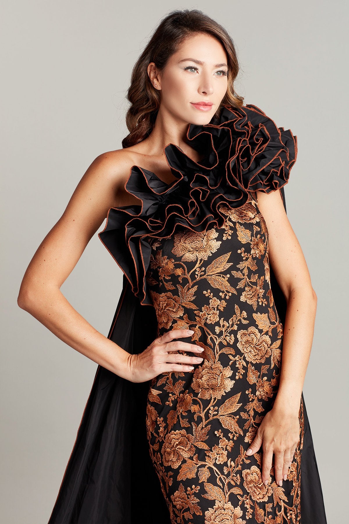 Osmen One-Shoulder Ruffle Cape Gown