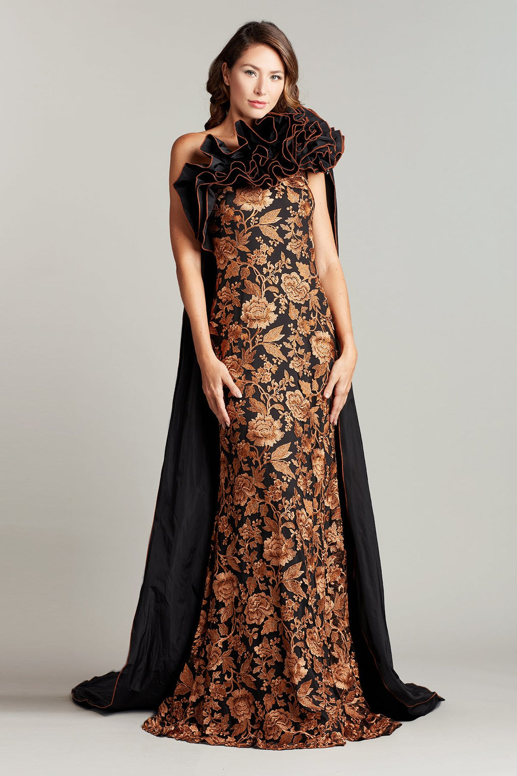 Osmen One-Shoulder Ruffle Cape Gown