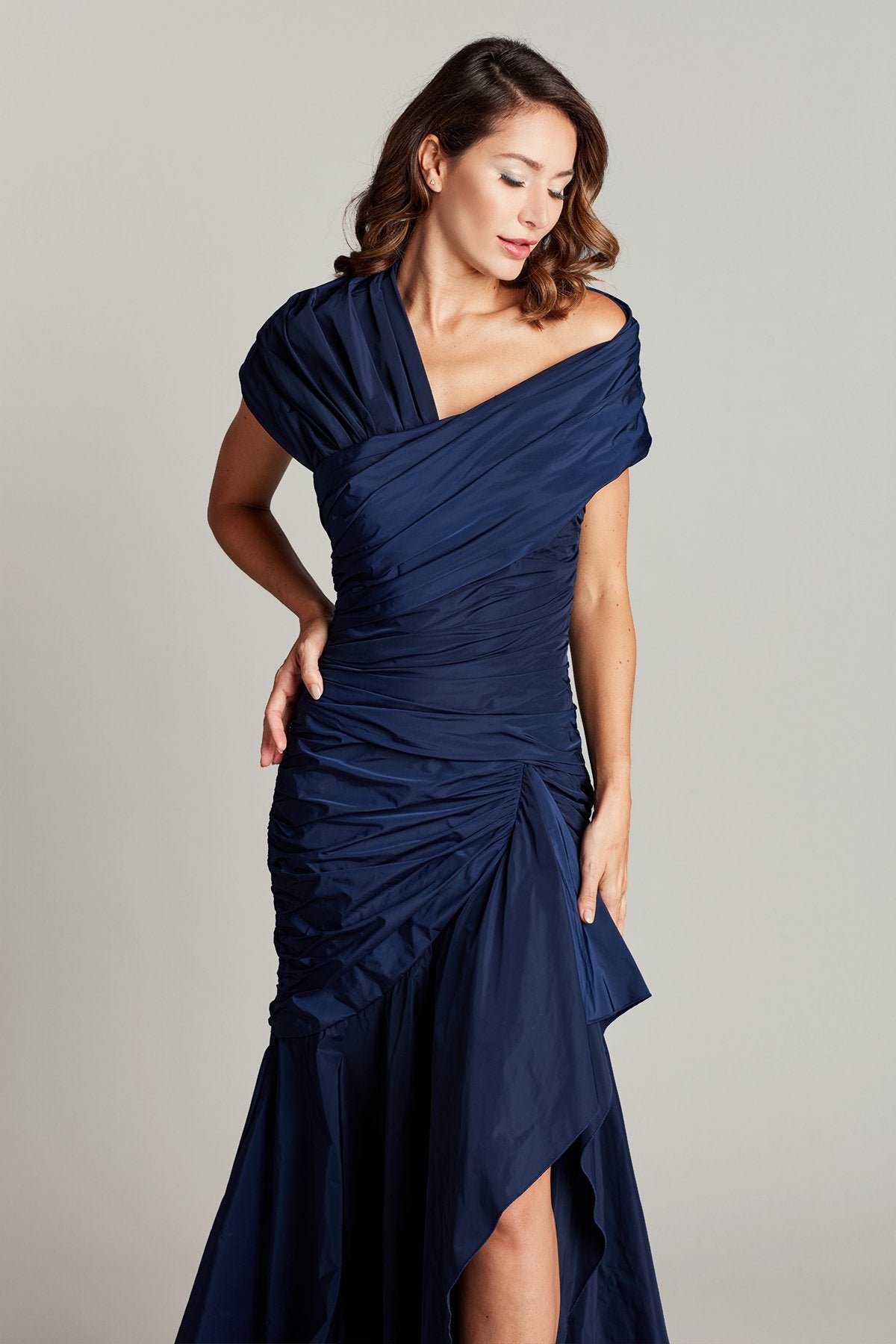 Pinar Asymmetric Draped Taffeta Gown