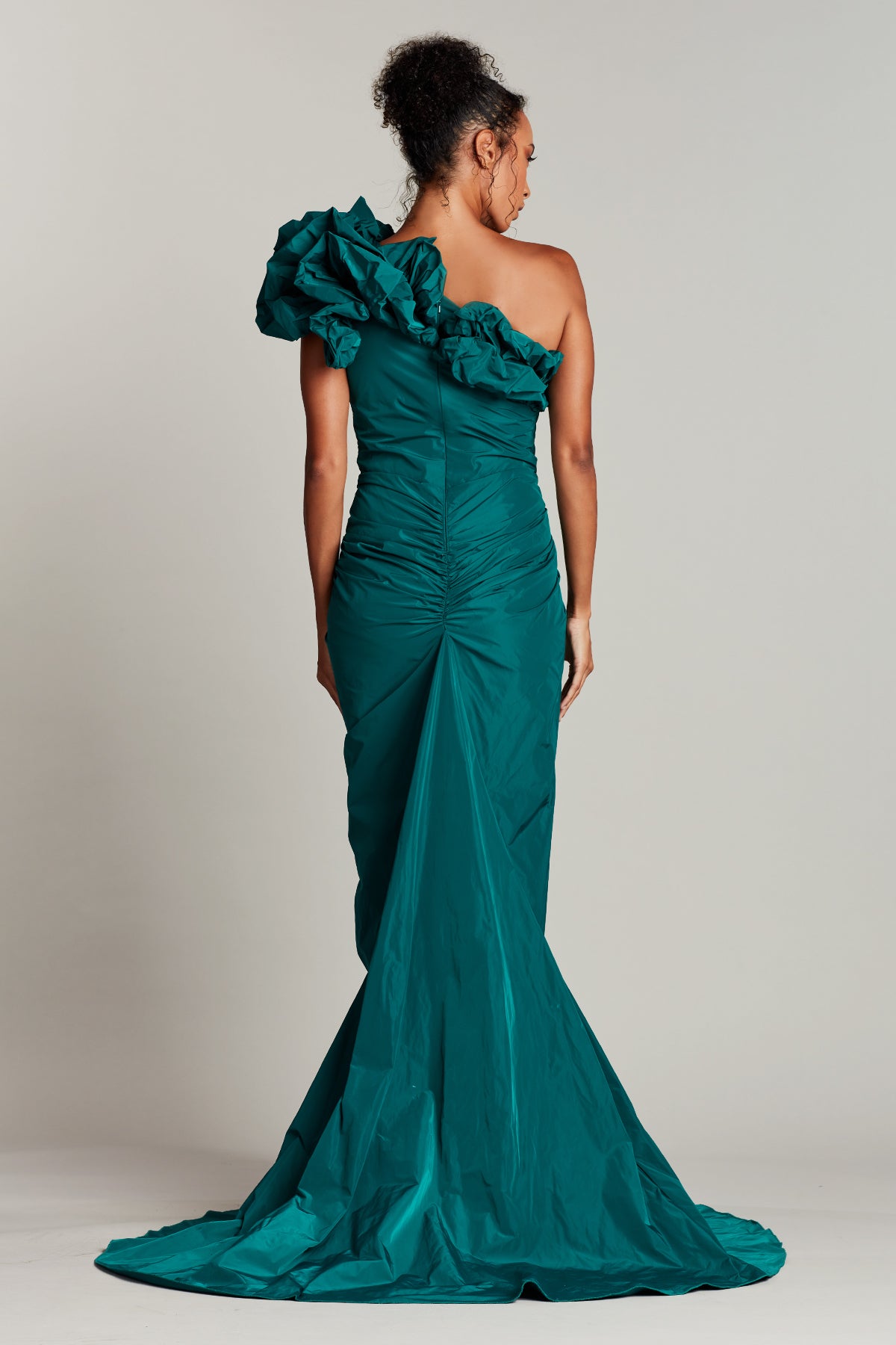 Dilay Bubble-Draped Shoulder Gown