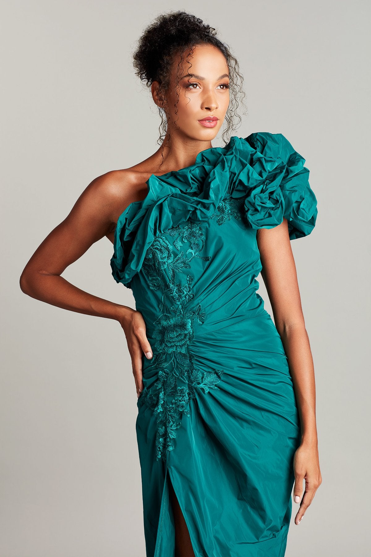 Dilay Bubble-Draped Shoulder Gown