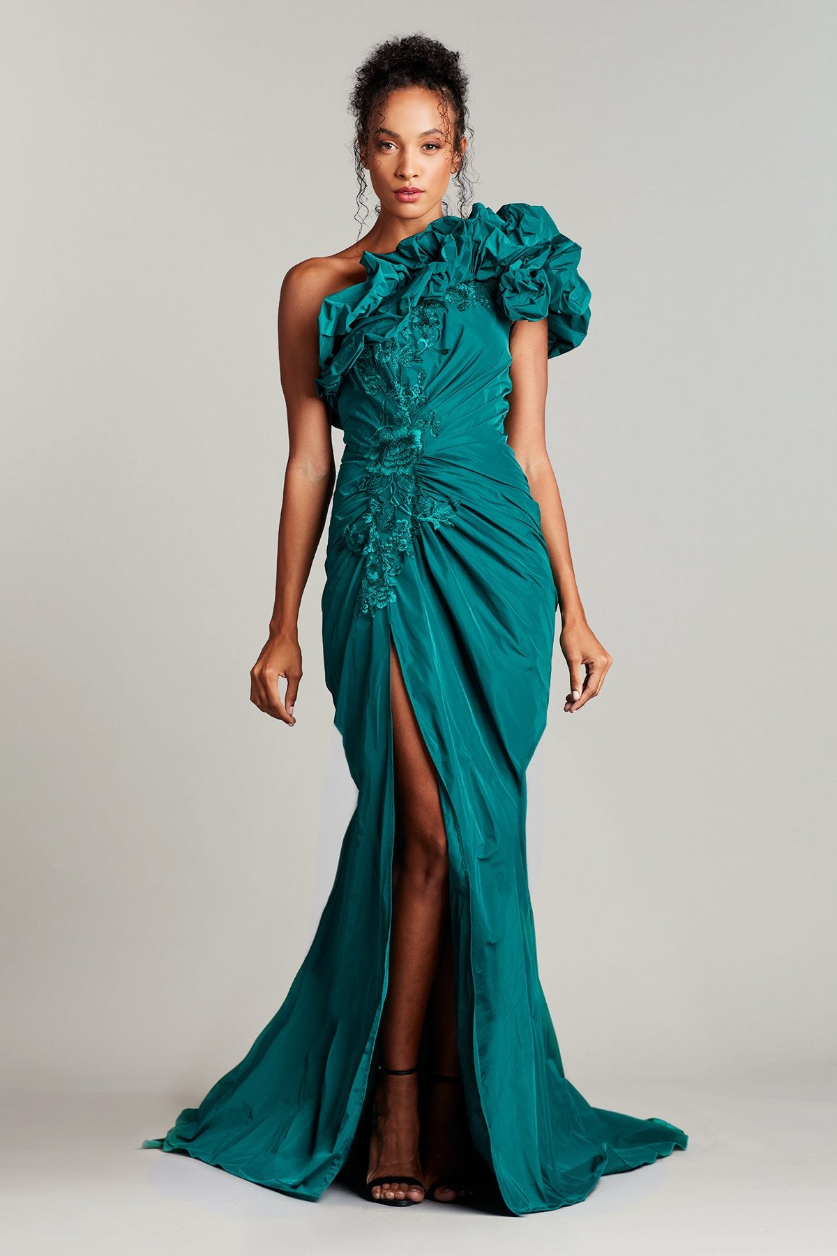 Dilay Bubble-Draped Shoulder Gown