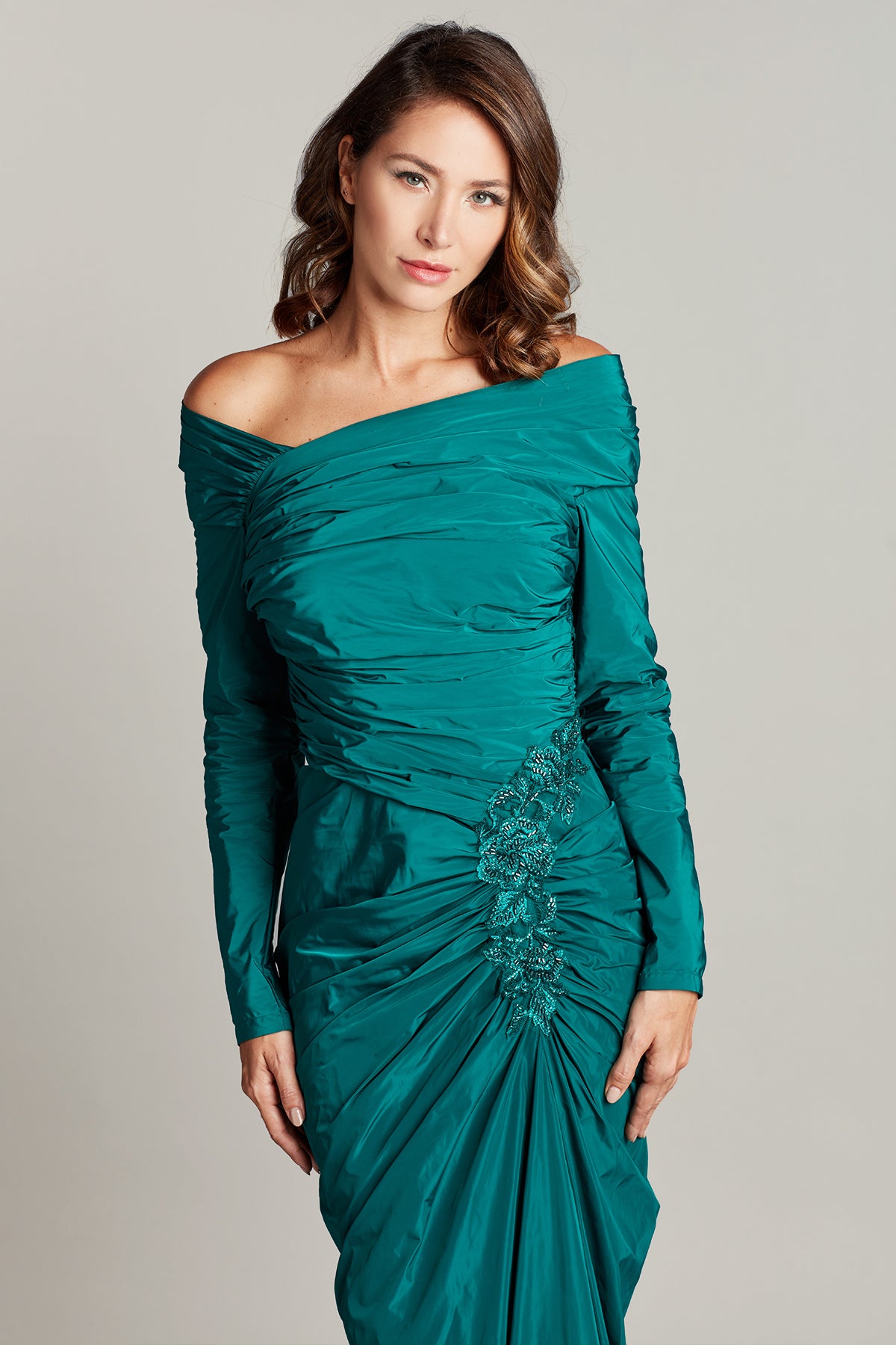 Sema Off-Shoulder Draped Taffeta Gown
