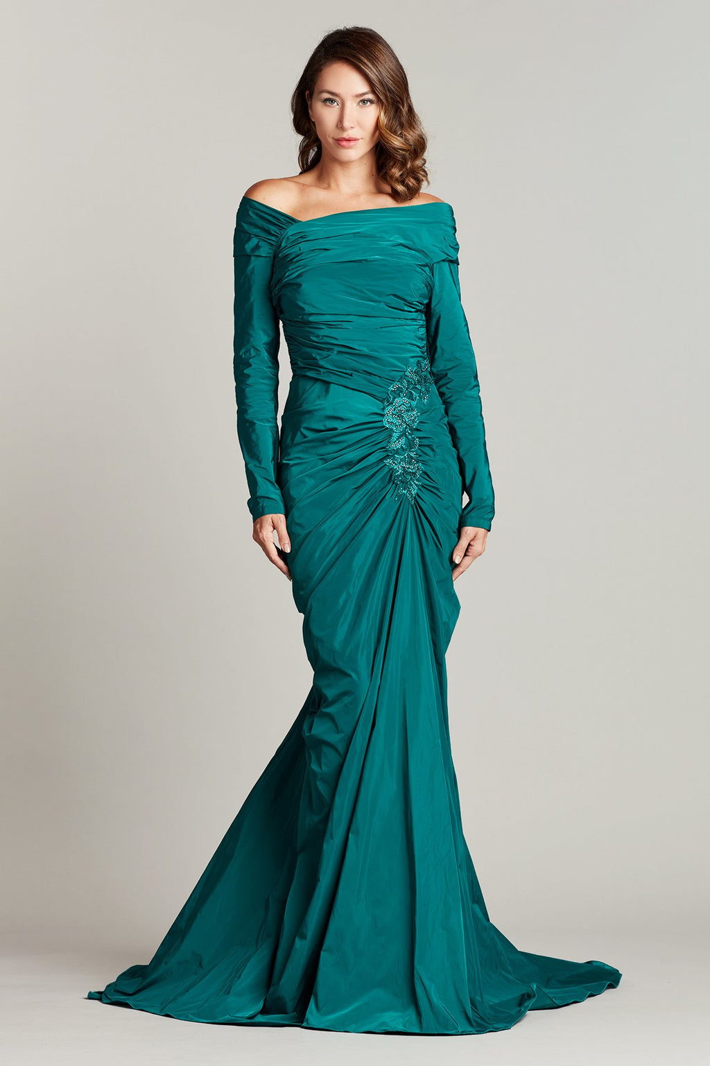 Sema Off-Shoulder Draped Taffeta Gown