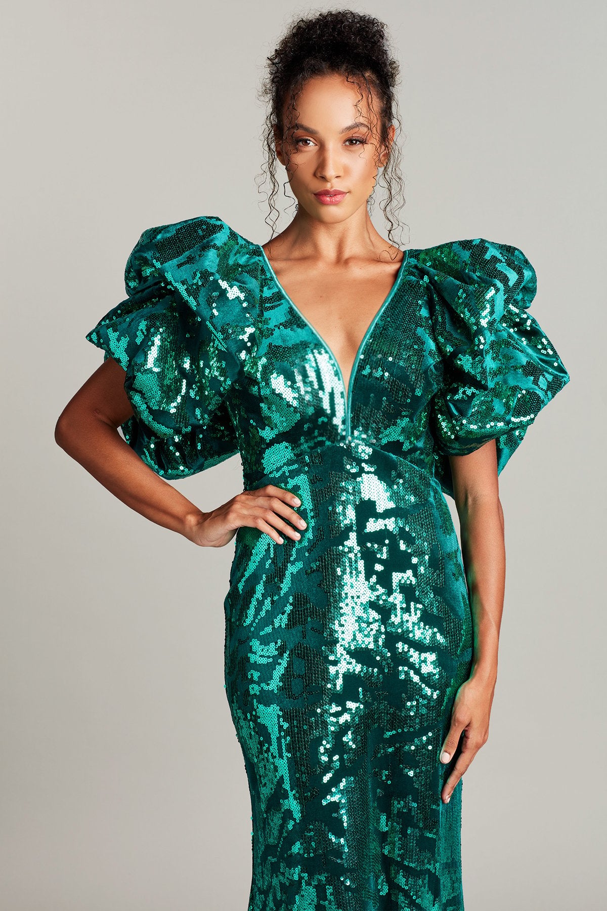 Derya Sequined Bubble Sleeve Gown