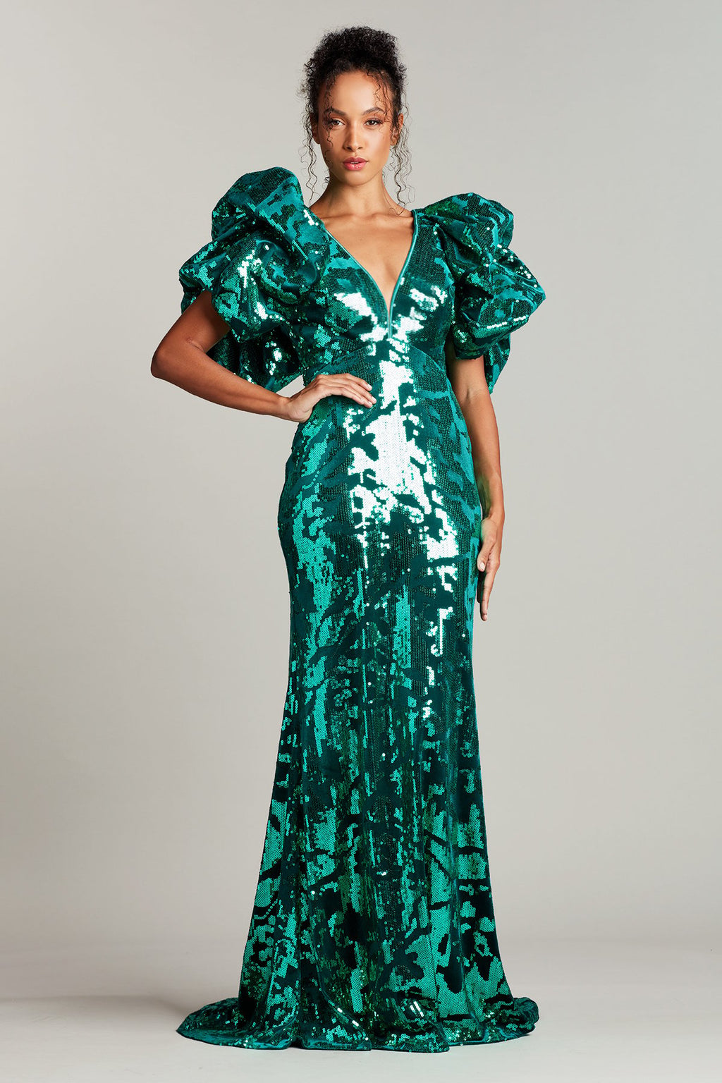 Derya Sequined Bubble Sleeve Gown