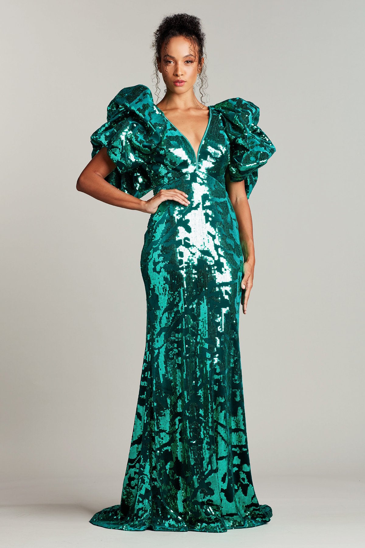 Derya Sequined Bubble Sleeve Gown