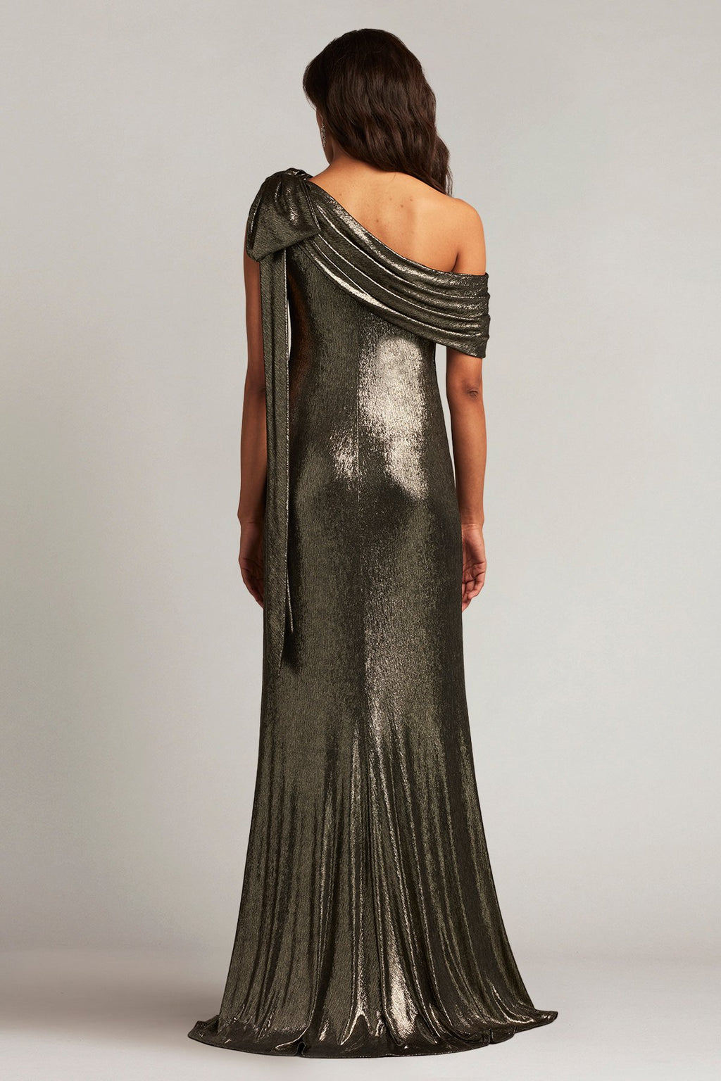 Valia Bow-Shoulder Lamé Gown