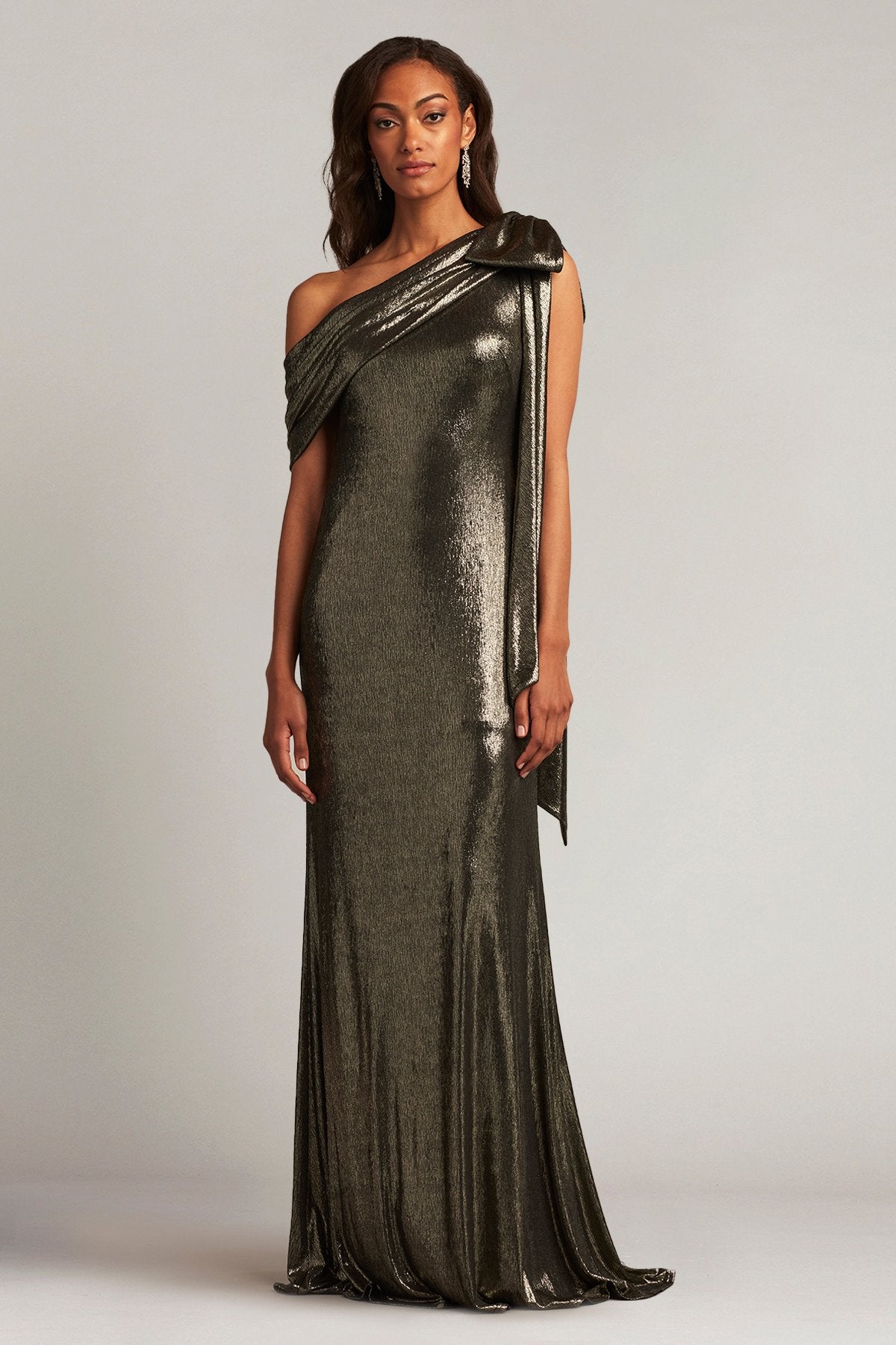 Valia Bow-Shoulder Lamé Gown