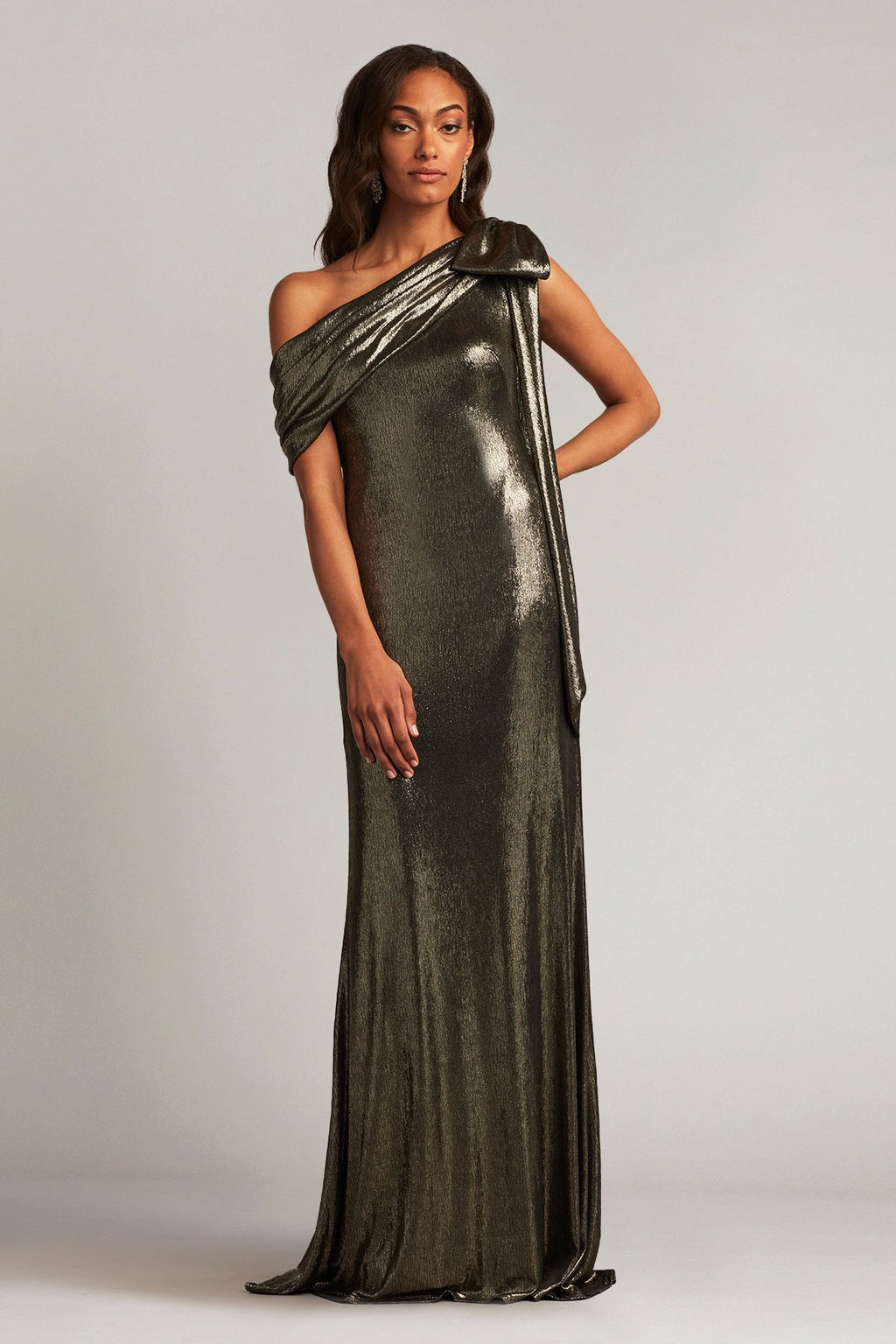 Valia Bow-Shoulder Lamé Gown
